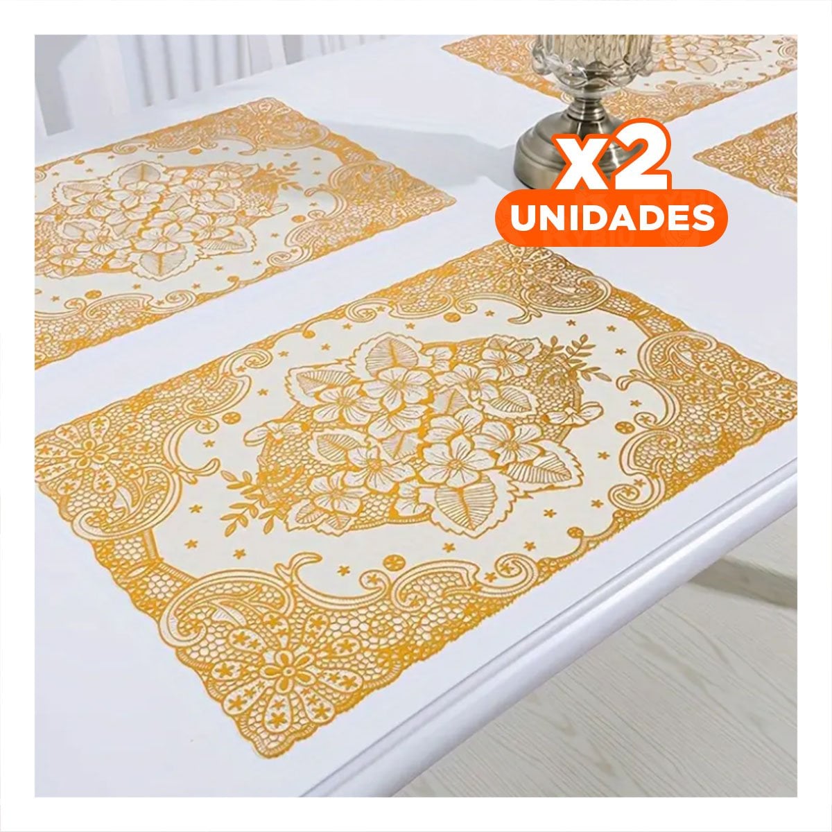 PACK2 CUBIERTA RECTANGULAR DORADO CON ENCAJE FLORAL PARA MESA MODERNA - 1