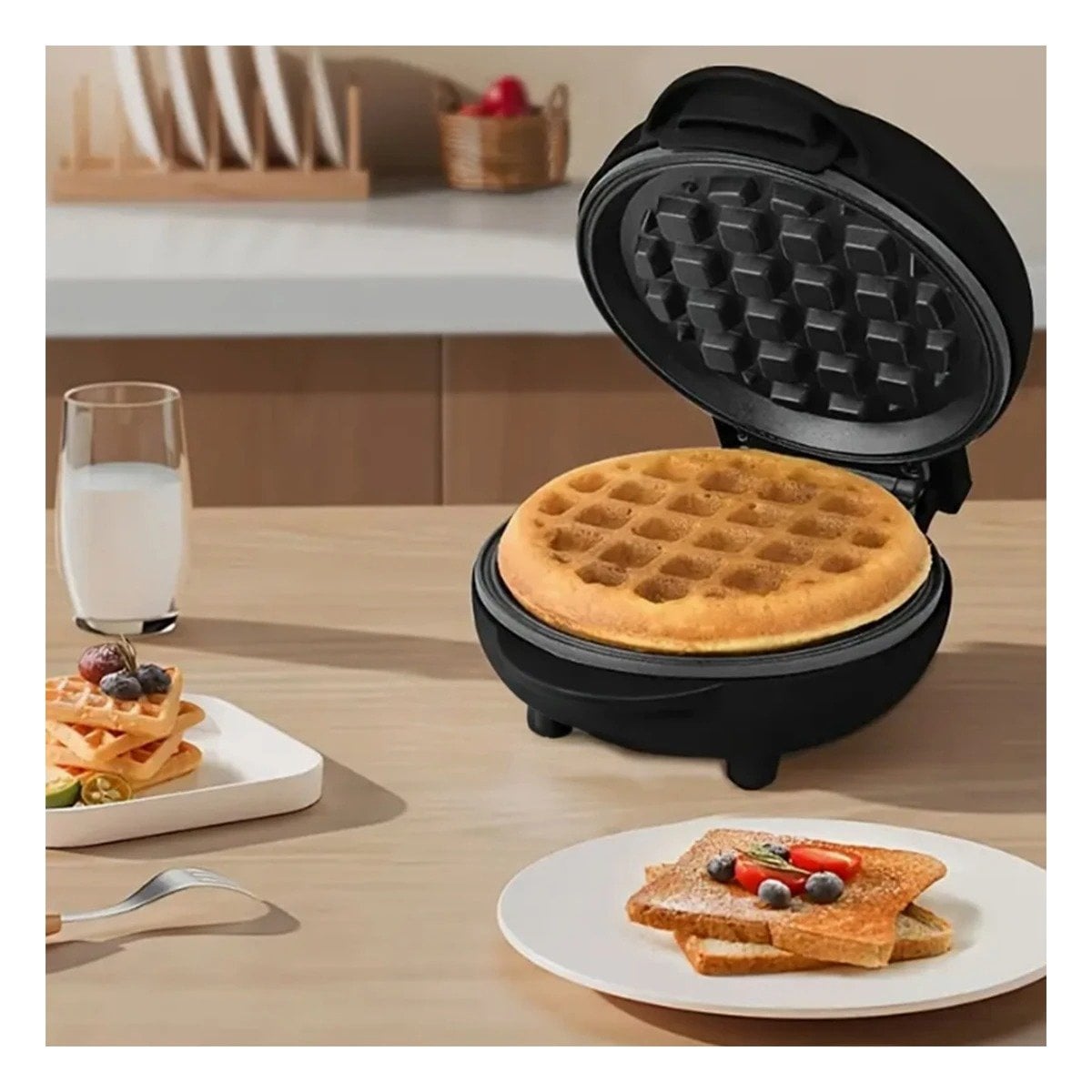MINI WAFLERA CIRCULAR NEGRO PARA COCINA HOGAR Y PREPARACION DE WAFFLES CASEROS - 3