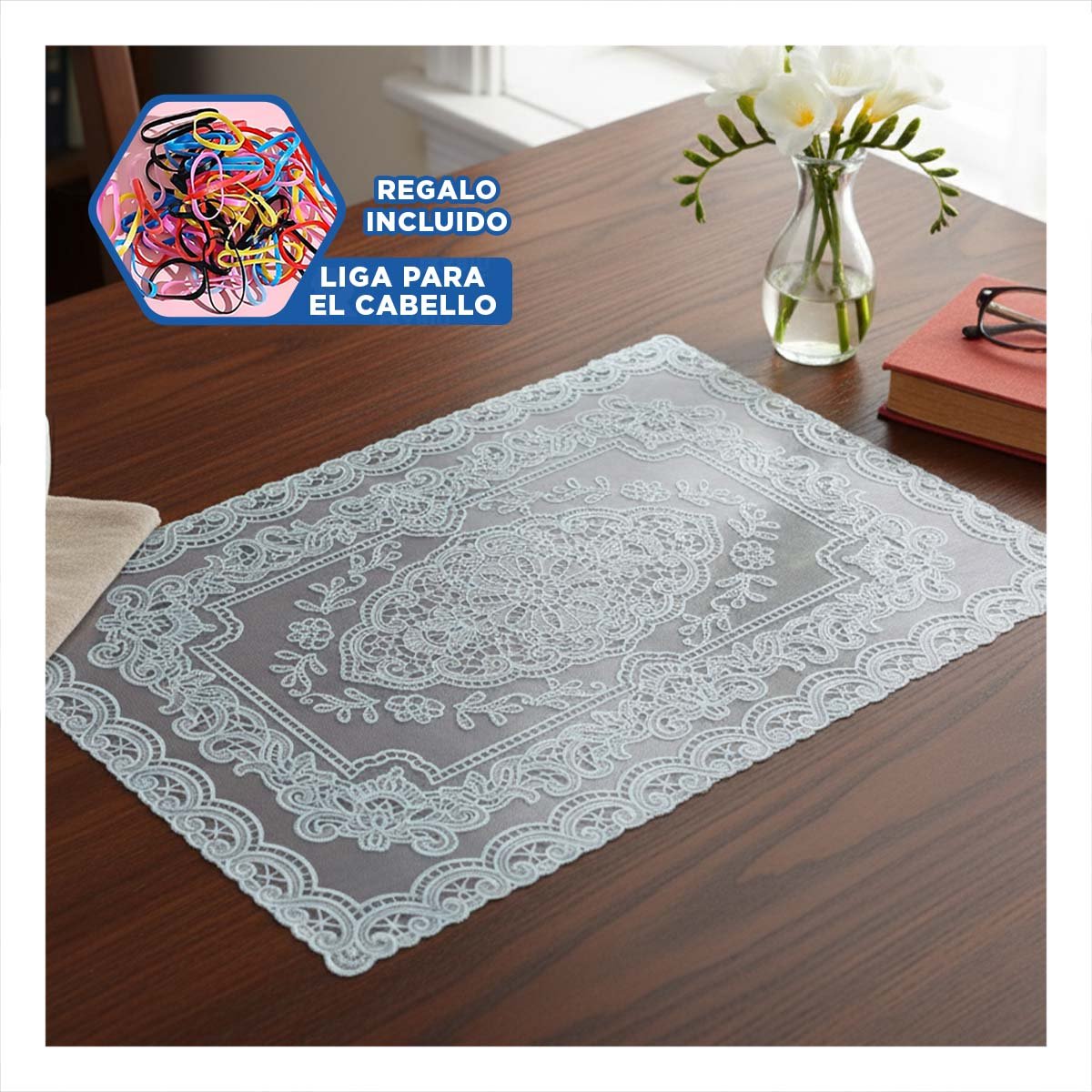 INDIVIDUAL MODERNO PLATEADO CON DETALLE FLORAL Y RAMAS PARA MESA DE CELEBRACION Y+LIGAS REGALO - 2