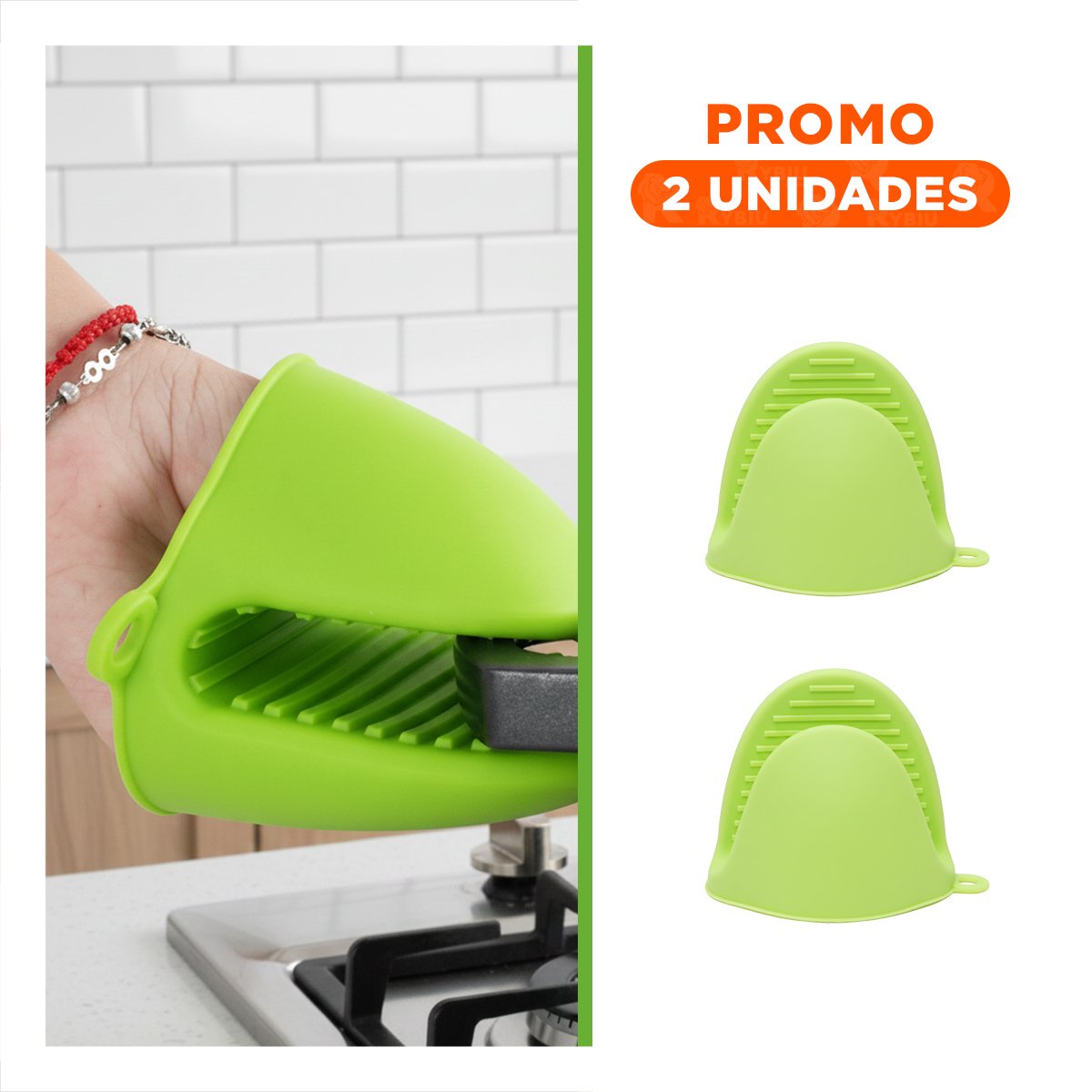 PACK2 MANOPLAS CUBIERTOS DE SILICONA VERDE PARA PREPARAR ALIMENTOS 7,3X9,5CM Y+REGALO STICKER - 1