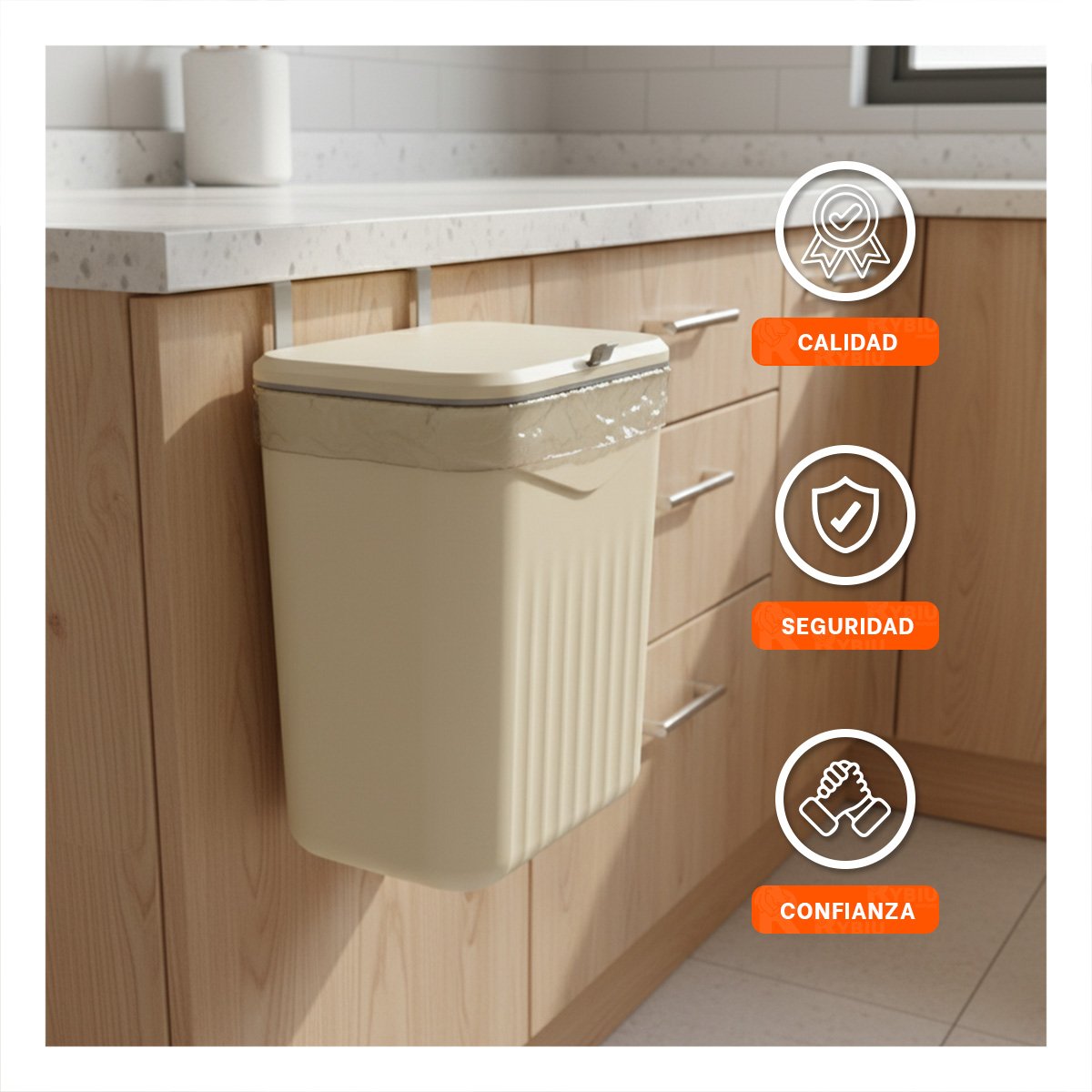 TACHO DE BASURA COLGANTE BEIGE PARA COCINA Y HOGAR LIMPIO Y PRACTICO - 1