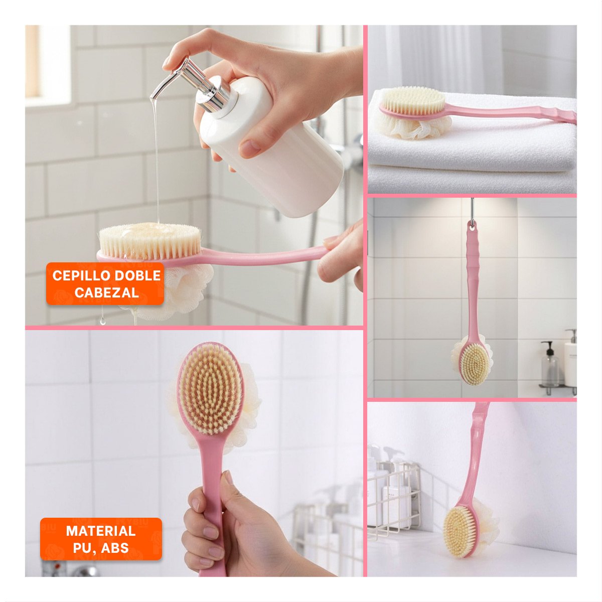 PACK2 ESCOBILLA CORPORAL ROSADO 36CM DOBLE CABEZALES PARA PIEL DELICADA Y+PAPEL REGALO - 3