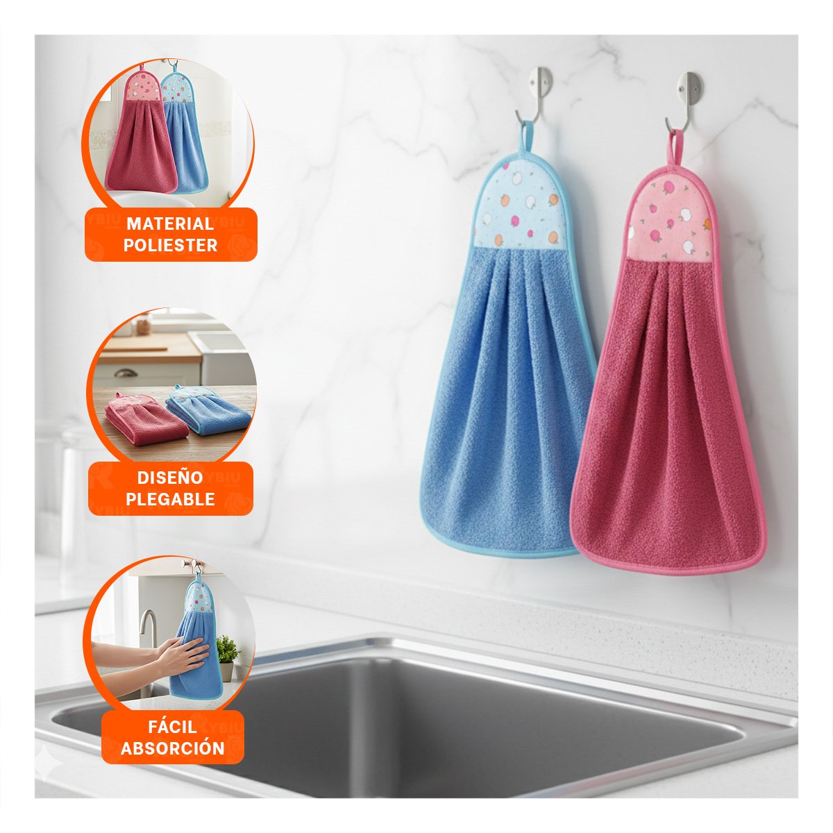PACK4 CONJUNTO TOALLAS 2 PIEZAS FUCSIA Y AZUL COLGADOR BANO 28X38CM Y+REGALO STICKER - 5