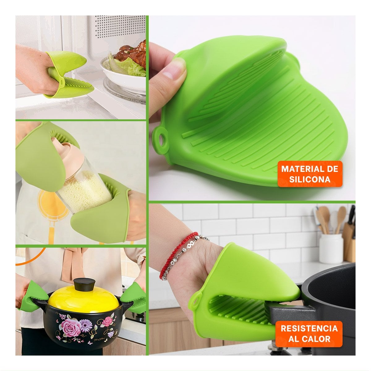 GUANTES PROTECTORES DE SILICONA VERDE PARA USO EN HOGAR Y COCINA 7,3X9,5CM Y+PAPEL REGALO - 3