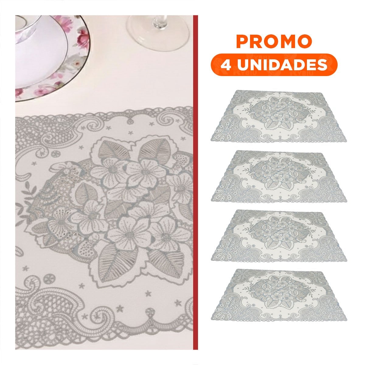 PACK4 PROTECTOR RECTANGULAR PLATEADO CON ENCAJE FLORAL PARA MESA DE CASA Y+REGALO STICKER - 1