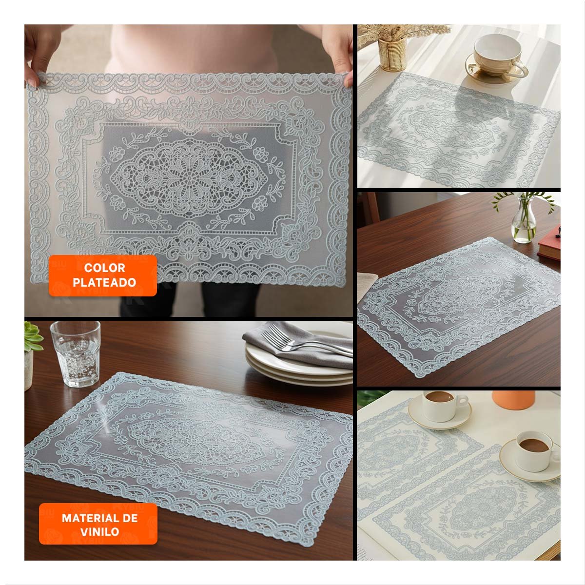 PACK2 MANTEL DECORATIVO PLATEADO CON MOTIVO DE FLORES Y RAMAS PARA HOGAR MODERNO Y+PAPEL REGALO - 3