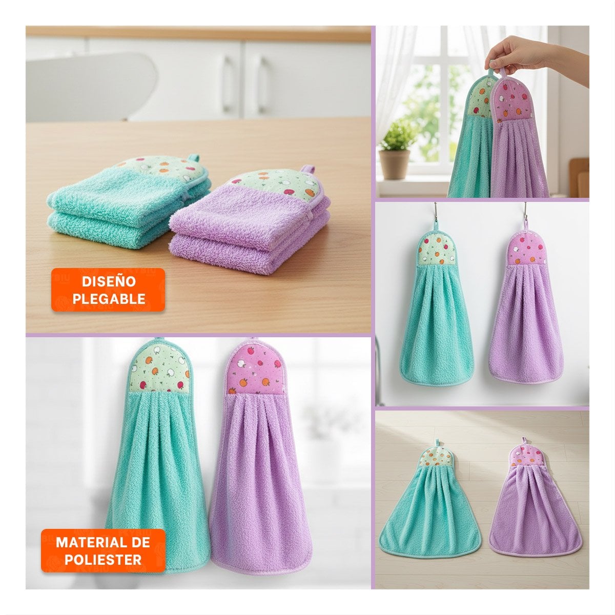 PACK2 PANOS DE MANO SUAVES 2 PIEZAS MORADO Y VERDE AGUA COLGADOR 28X38CM Y+PAPEL REGALO - 3
