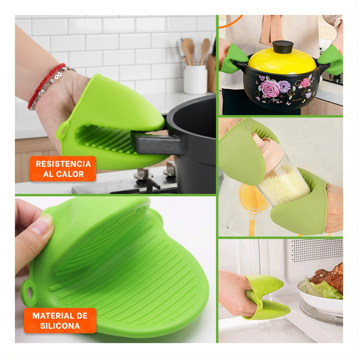 PACK6 PROTECCIONES PARA MANOS DE SILICONA VERDE PARA HOGAR Y COCINA 7,3X9,5CM Y+PAPEL REGALO - 3