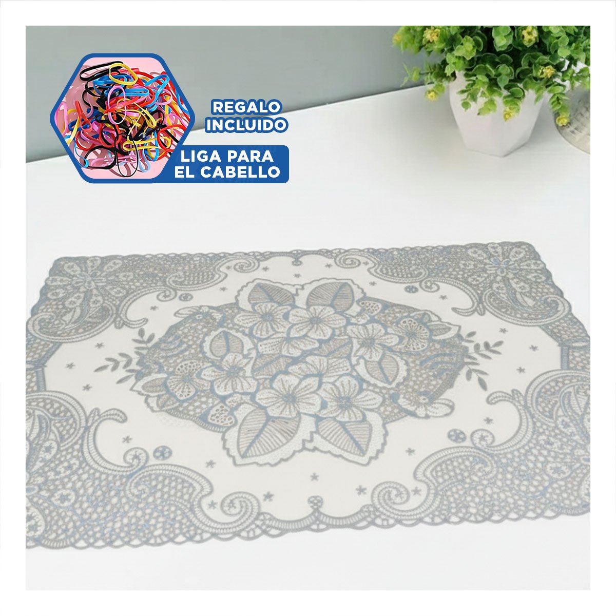 MANTEL MODERNO PLATEADO CON DETALLE FLORAL PARA MESA DE FIESTA Y+LIGAS REGALO - 2