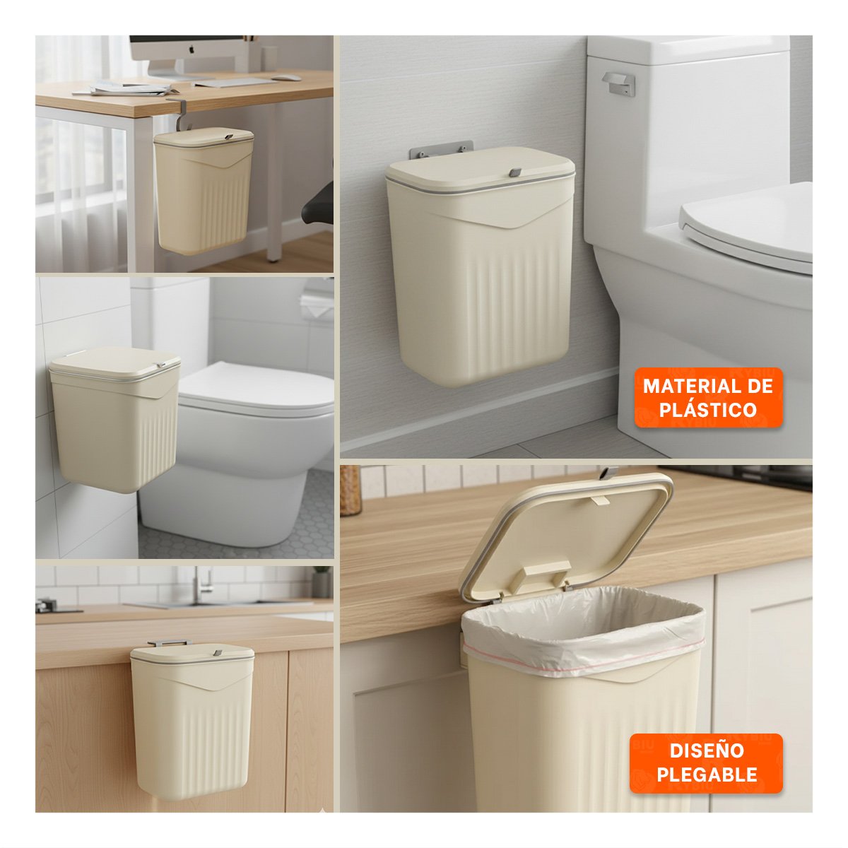 TACHO COLGANTE BEIGE DE BASURA MODERNO Y FUNCIONAL PARA TU HOGAR Y+PAPEL REGALO - 3