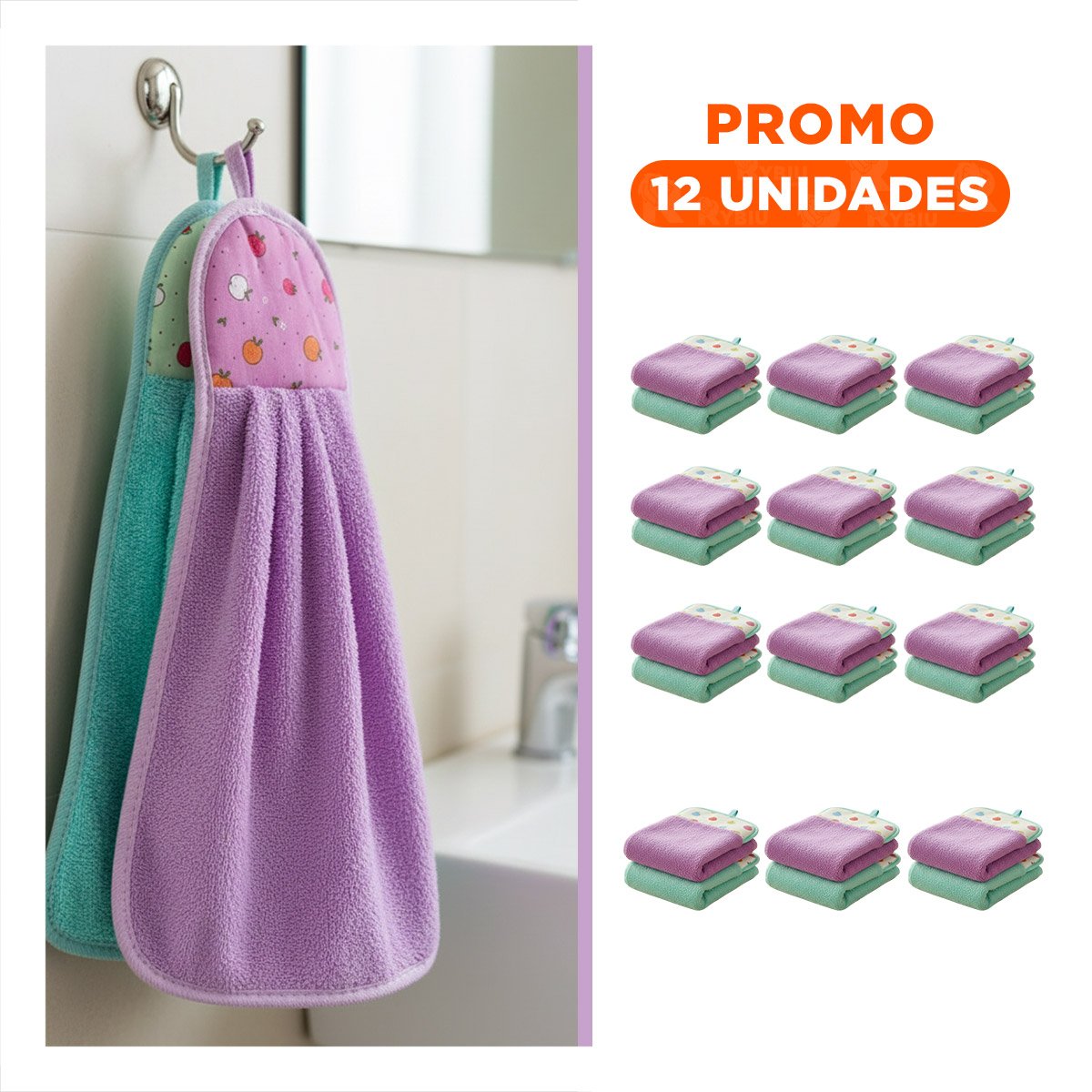 PACK12 CONJUNTO COLORIDO 2 PIEZAS MORADO Y VERDE AGUA COLGADOR BANO 28X38CM - 1