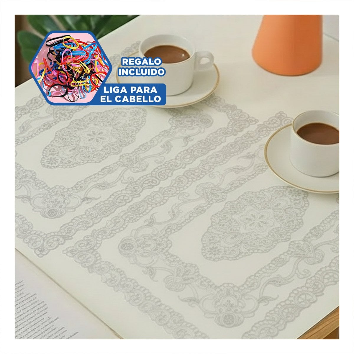 MANTEL MODERNO PLATEADO CON DETALLE FLORAL PARA MESA DE FIESTA Y+LIGAS REGALO - 2