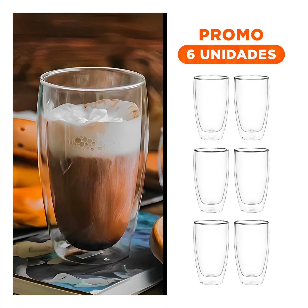 PACK6 TAZA DOBLE CAPA EN VIDRIO BOROSILICATO TRANSPARENTE CON CAPACIDAD 400ML Y+REGALO STICKER - 1
