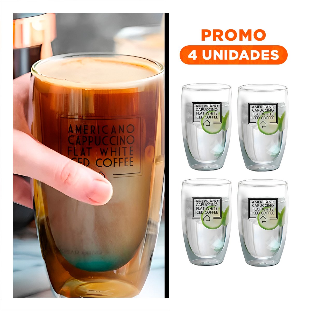 PACK4 COPA FRAPPUCCINO EN VIDRIO DOBLE CAPA DE 450 ML COLOR TRANSPARENTE - 1