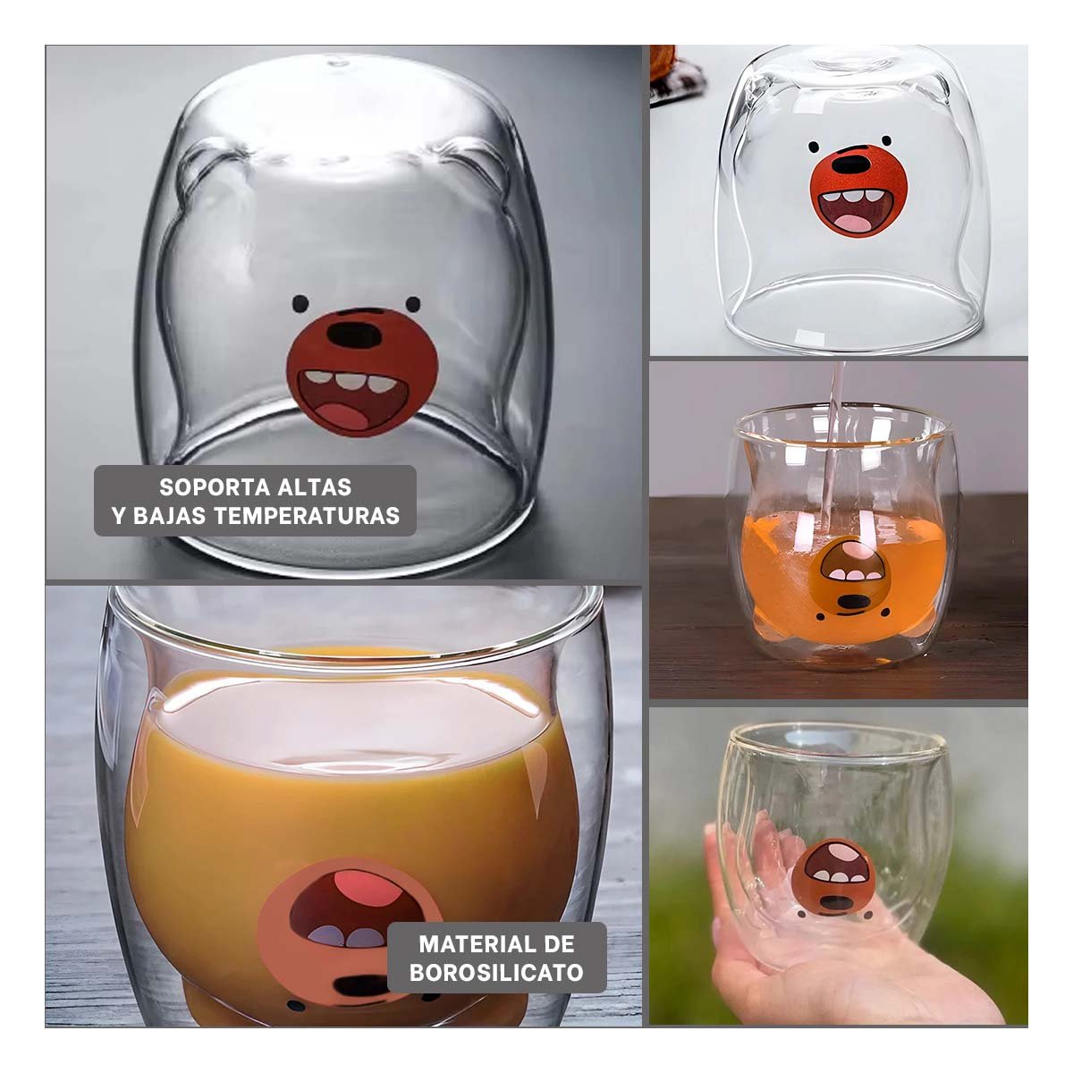 VASO DOBLE CAPA DE VIDRIO BOROSILICATO EN COLOR TRANSPARENTE CON OSO PARDO ELEGANTE - 2