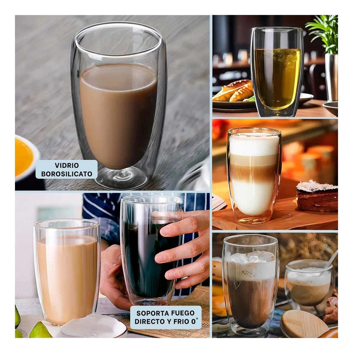 VASO DOBLE CAPA 400ML CON CUERPO DE VIDRIO BOROSILICATO TRANSPARENTE Y+LIGAS REGALO - 1