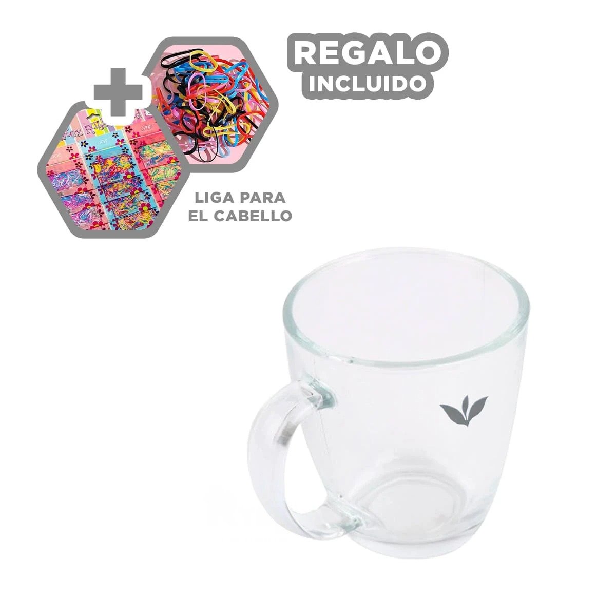 TAZA FORMATO DE 250ML VIDRIO TRANSPARENTE CON HOJITAS MEDIDAS DE 8X5,6X11CM Y+LIGAS REGALO - 2