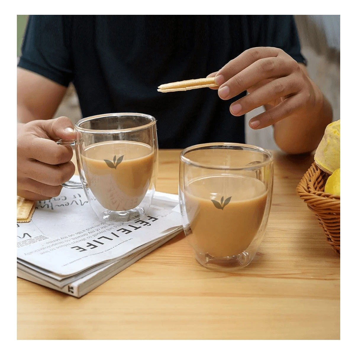 TAZA FORMATO DE 250ML VIDRIO TRANSPARENTE CON HOJITAS MEDIDAS DE 8X5,6X11CM Y+LIGAS REGALO - 3