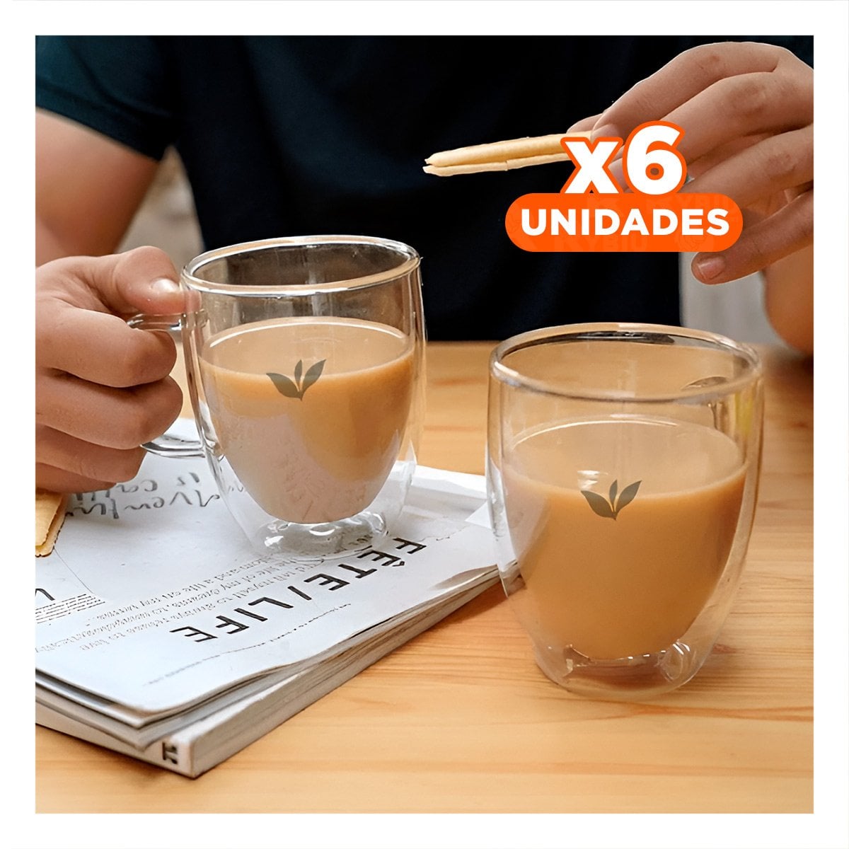 PACK6 VASO ESTRUCTURA DE 8X5,6X11CM TRANSPARENTE CON HOJITAS VIDRIO DE 250ML Y+PAPEL REGALO - 1