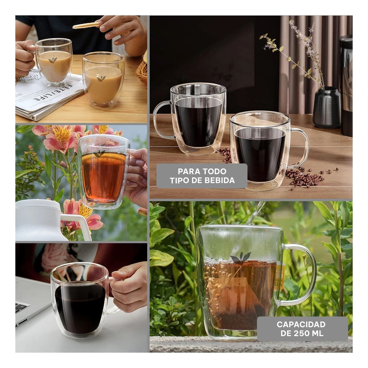 TAZA DE 250ML EN VIDRIO COLOR TRANSPARENTE CON HOJITAS BASE FIRME DE 8X5,6X11CM Y+PAPEL REGALO - 3