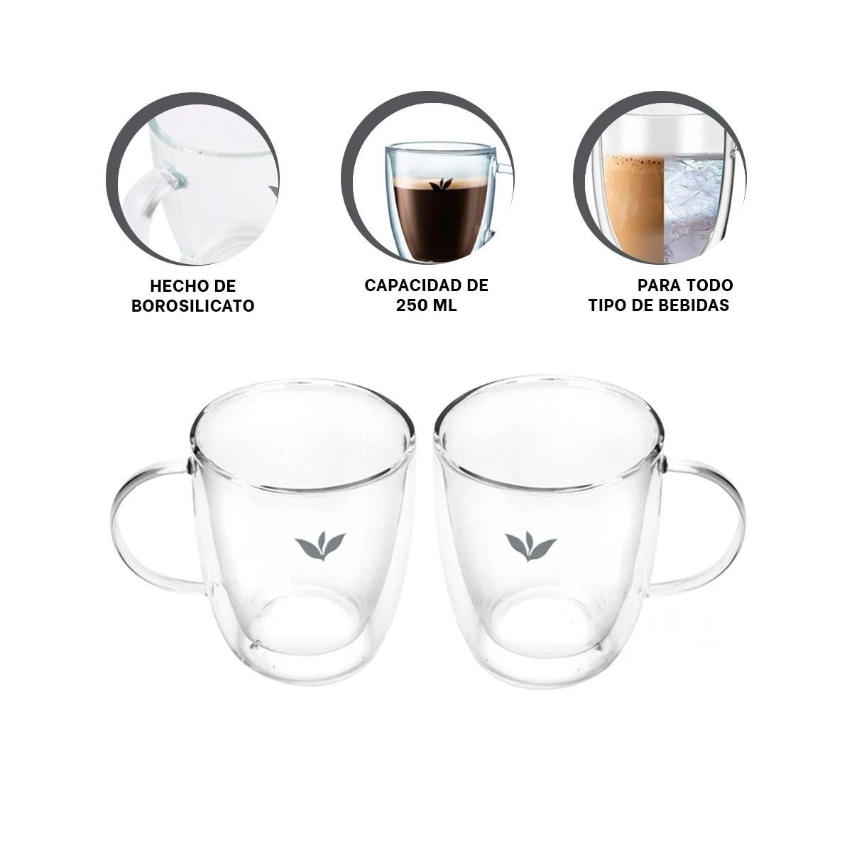 TAZA DE 250ML EN VIDRIO COLOR TRANSPARENTE CON HOJITAS BASE FIRME DE 8X5,6X11CM Y+PAPEL REGALO - 5