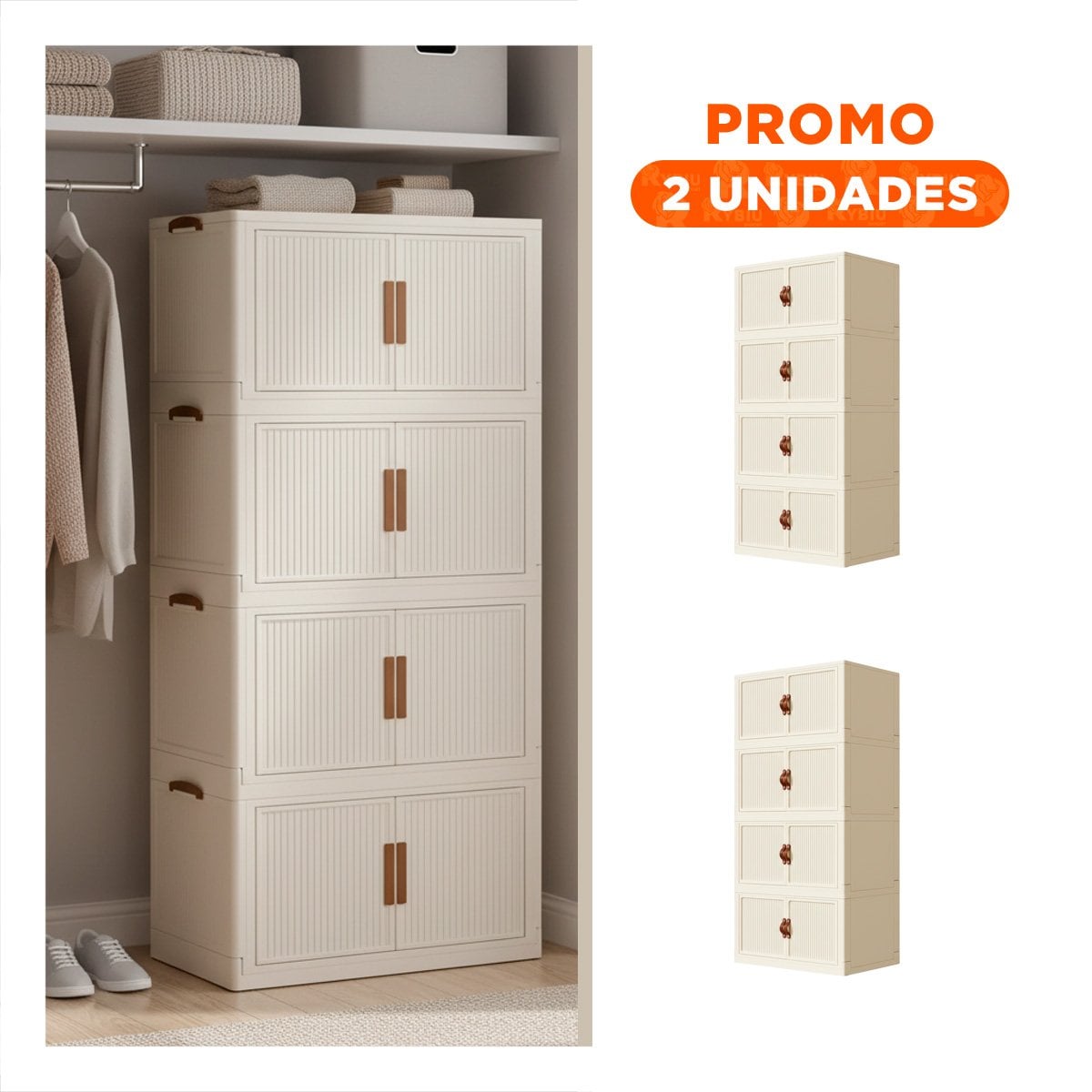 PACK2 ROPERO DE TELA PLEGABLE 4 NIVELES BEIGE ORGANIZADOR DE ROPA Y+REGALO STICKER - 1
