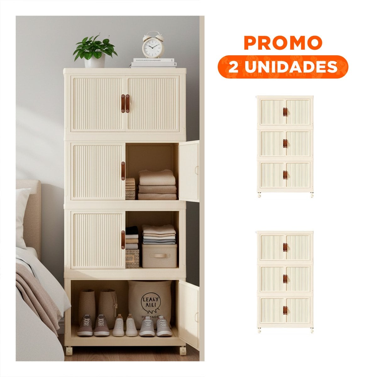 PACK2 MUEBLE DE ROPA BEIGE PLEGABLE 3 NIVELES ESTANTE DORMITORIO Y+REGALO STICKER - 1