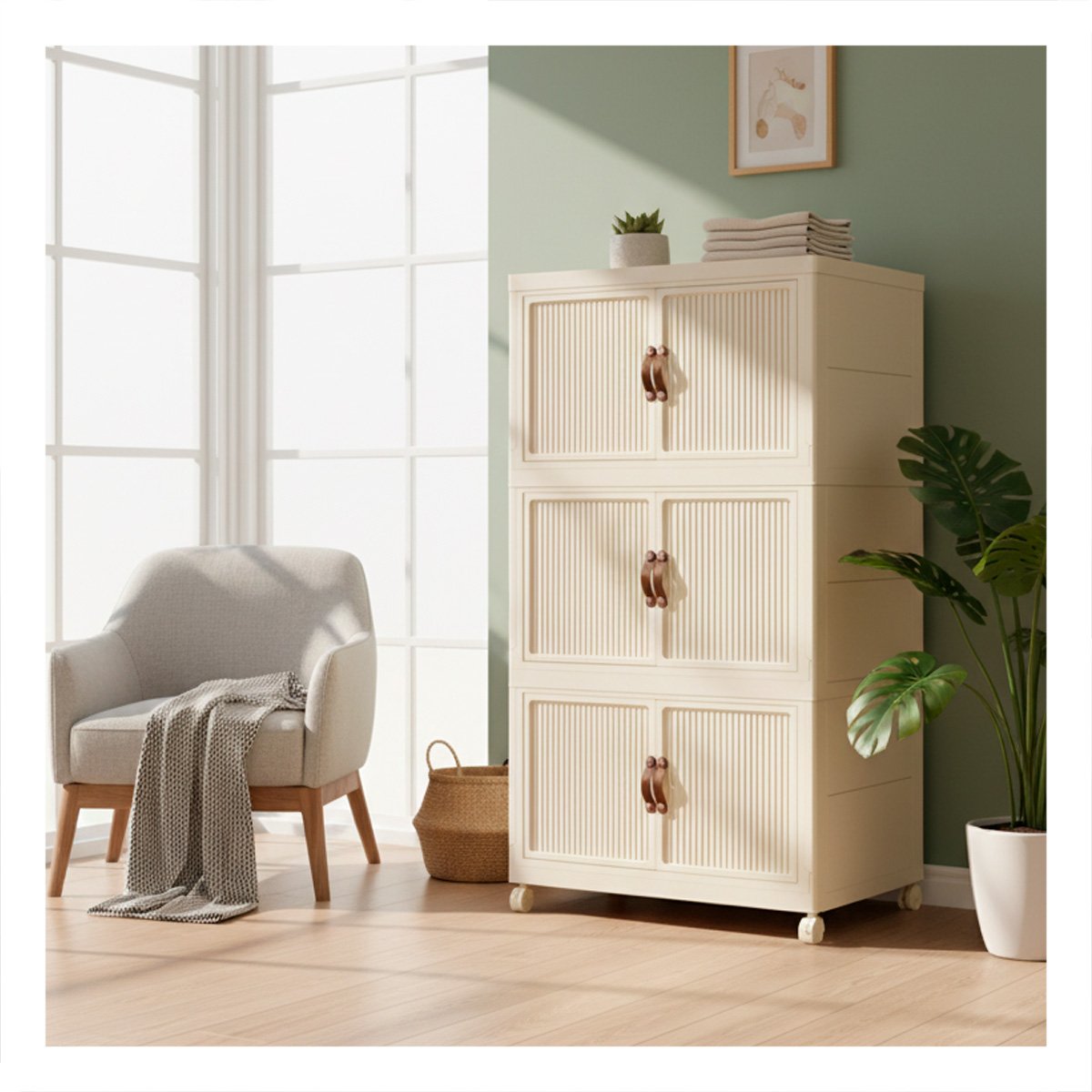 PACK2 MUEBLE DE ROPA BEIGE PLEGABLE 3 NIVELES ESTANTE DORMITORIO Y+REGALO STICKER - 5