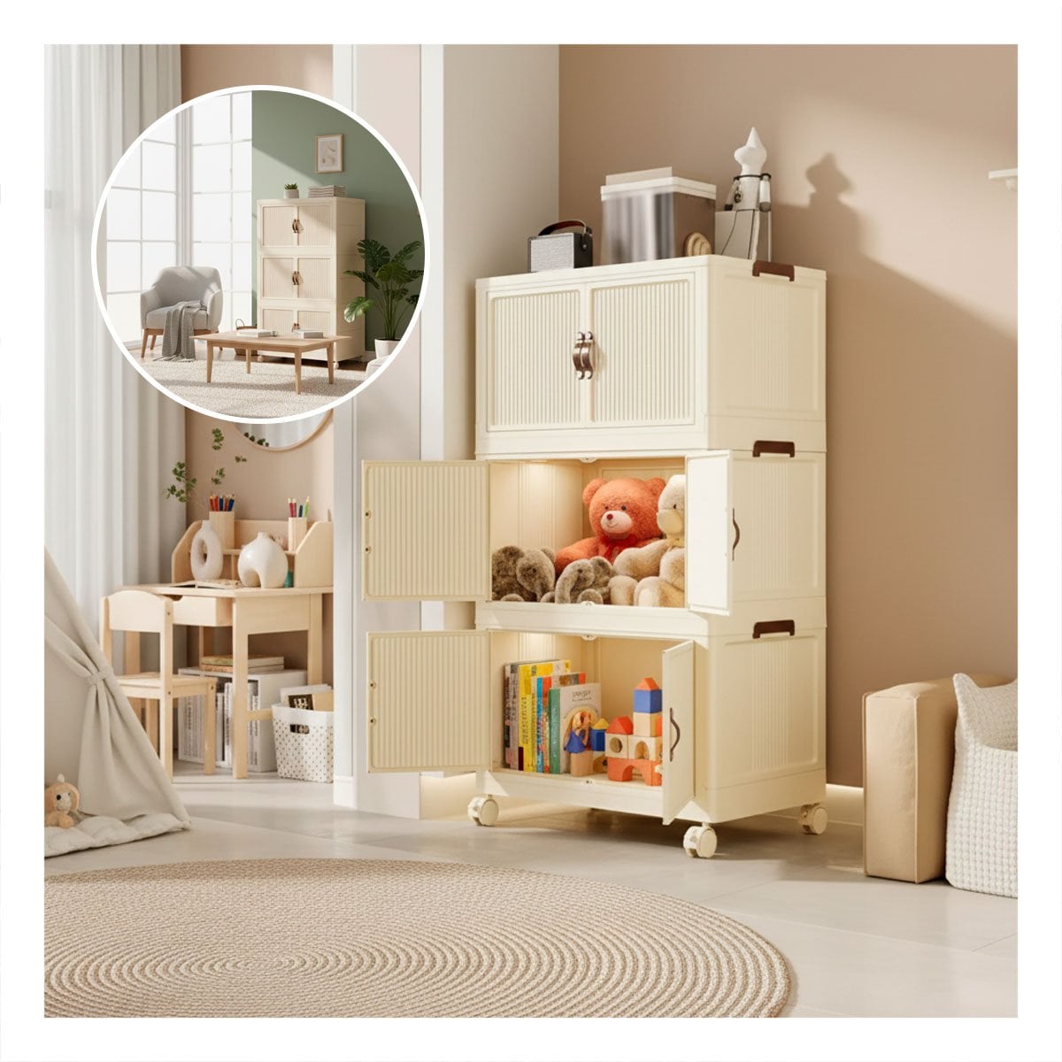 ORGANIZADOR PLEGABLE 3 NIVELES BEIGE ESTANTE DE ALMACEN PARA DORMITORIO - 3