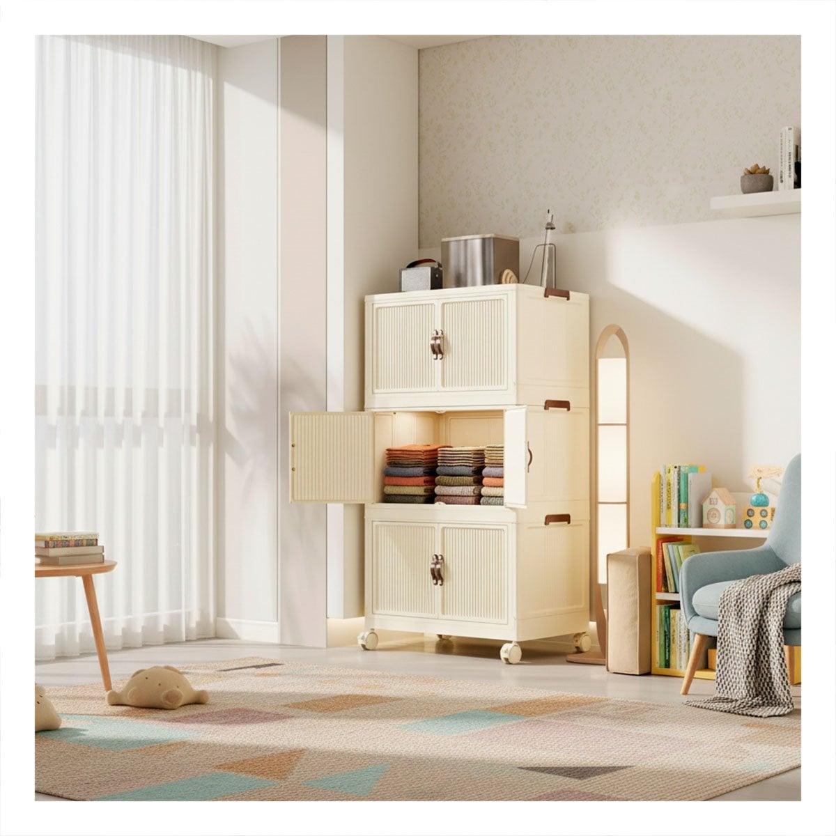 ORGANIZADOR PLEGABLE 3 NIVELES BEIGE ESTANTE DE ALMACEN PARA DORMITORIO - 5