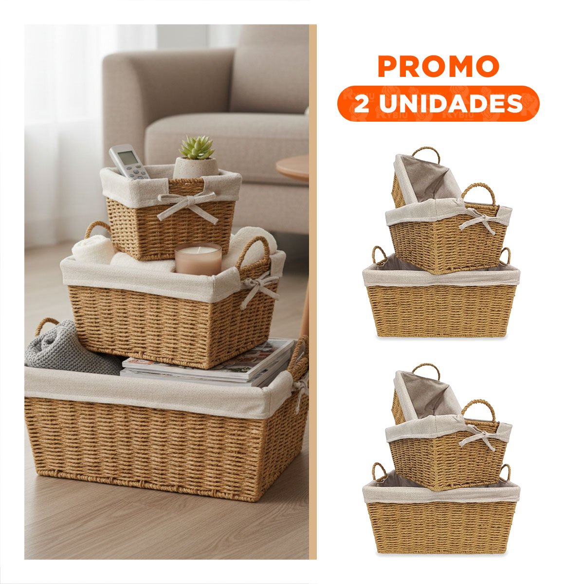 PACK2 JUEGO DE CANASTAS RECTANGULARES CON ASAS COMODAS Y MOSTAZA Y+REGALO STICKER - 1