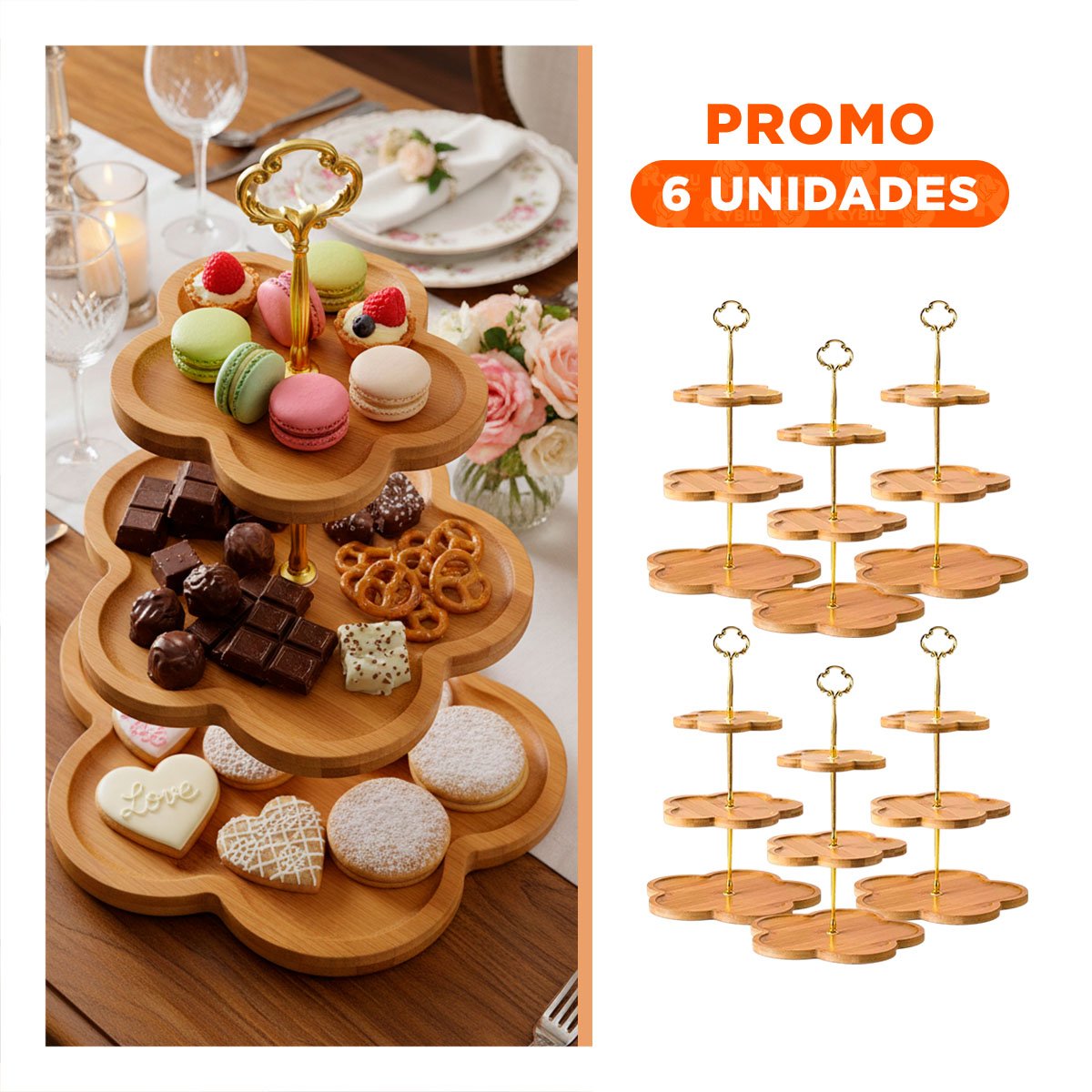 PACK6 BASE EXHIBIDOR 3 NIVELES FLOR MARRON PARA POSTRES EN REUNIONES CASA Y+REGALO STICKER - 1