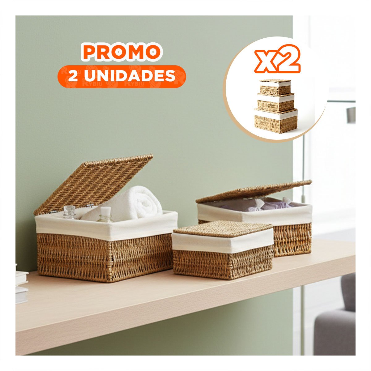 PACK2 CONTENEDOR DE ORDEN PARA DORMITORIO MOSTAZA 38X28 33X23 28X18 Y+PAPEL REGALO - 1