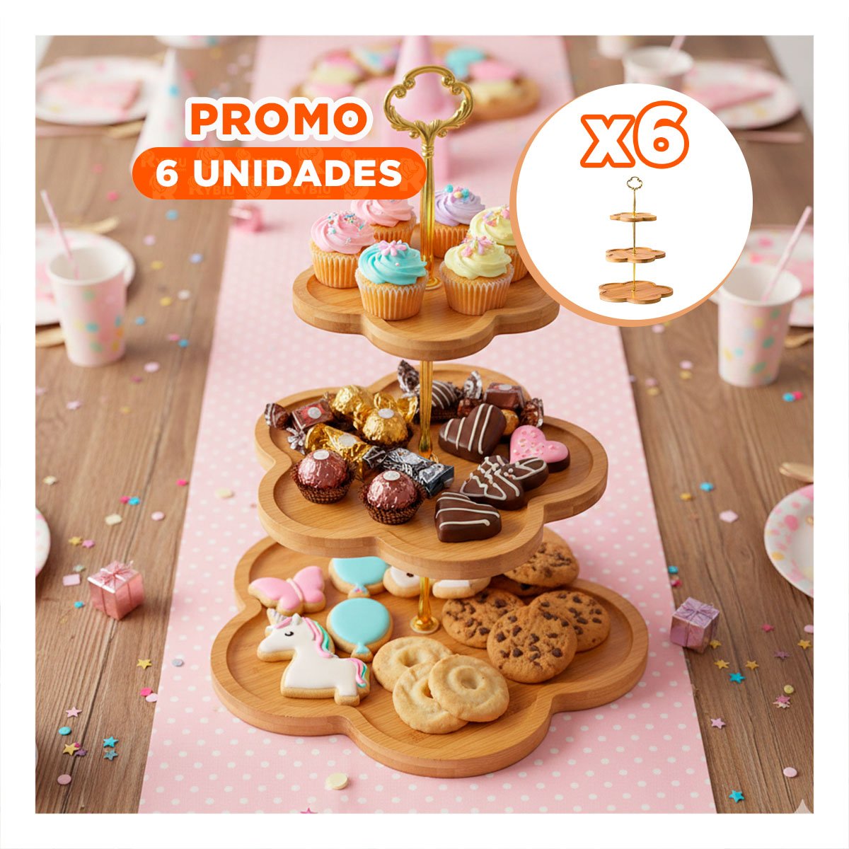 PACK6 FUENTE EXHIBIDOR 3 NIVELES FLOR MARRON PARA DULCES EN MESA Y COCINA Y+PAPEL REGALO - 1
