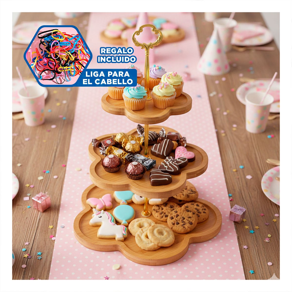 BASE EXHIBIDOR 3 NIVELES FLOR MARRON PARA DULCES EN MESA Y REUNIONES Y+LIGAS REGALO - 2