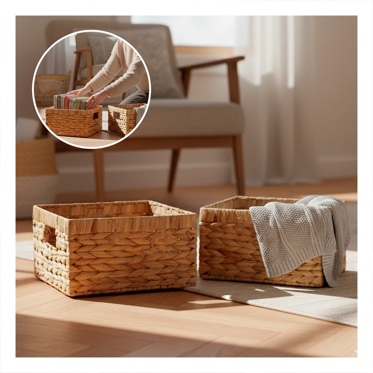 SET DE CANASTAS TEJIDAS CUADRADAS MOSTAZA CON ASAS INTERIORES PARA ORGANIZAR Y+PAPEL REGALO - 2