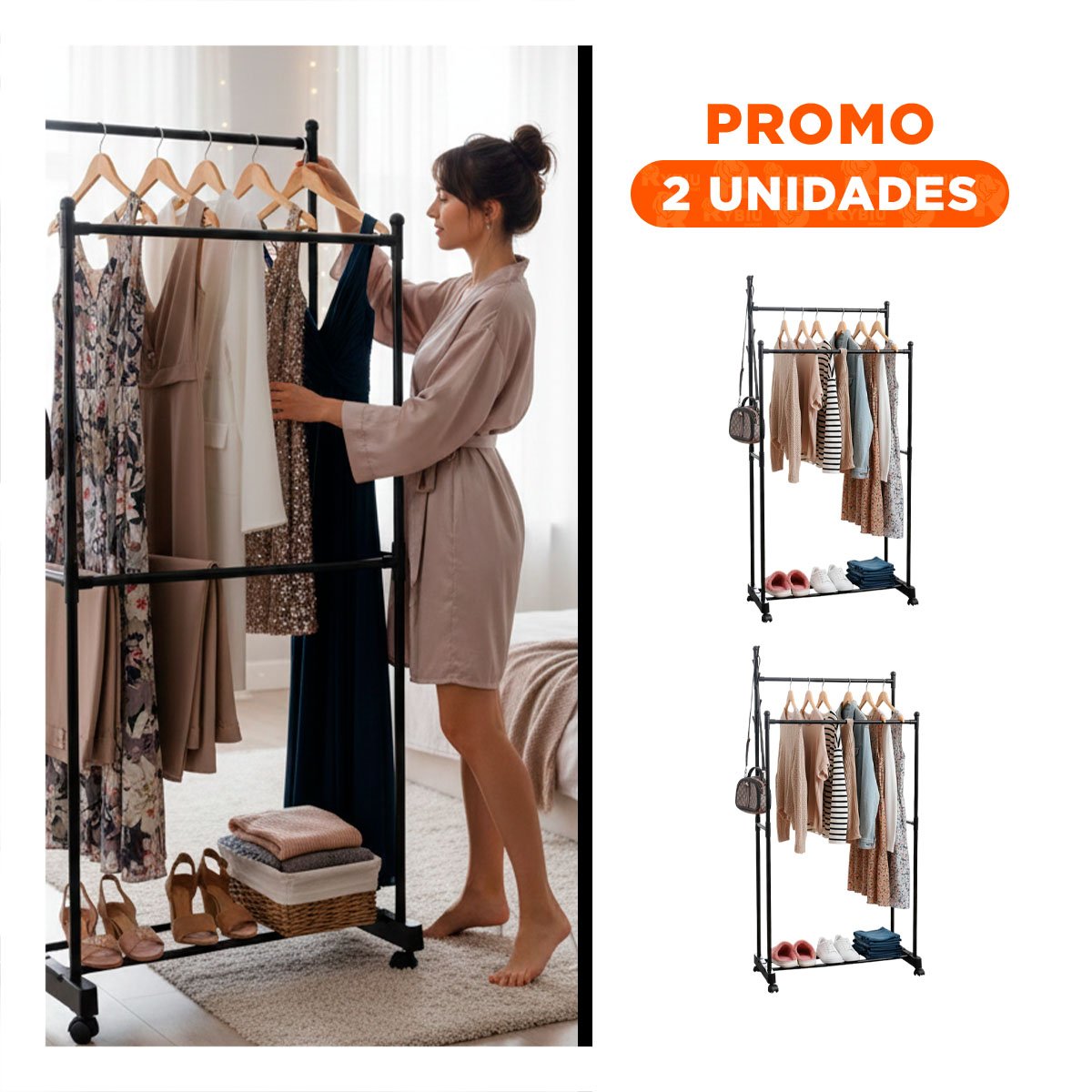 PACK2 ORGANIZADOR DOBLE DE ROPA NEGRO COMPACTO Y FACIL DE USAR Y+REGALO STICKER - 1