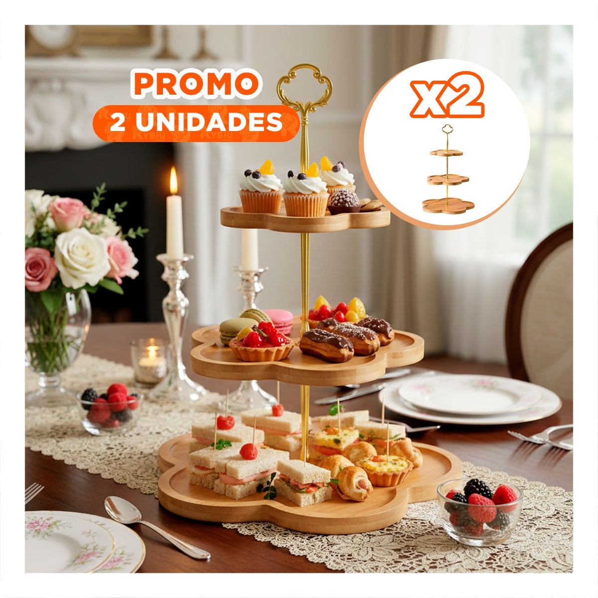 PACK2 BANDEJA 3 NIVELES FLOR MARRON EXHIBIDOR PARA DULCES EN MESA EVENTOS - 1