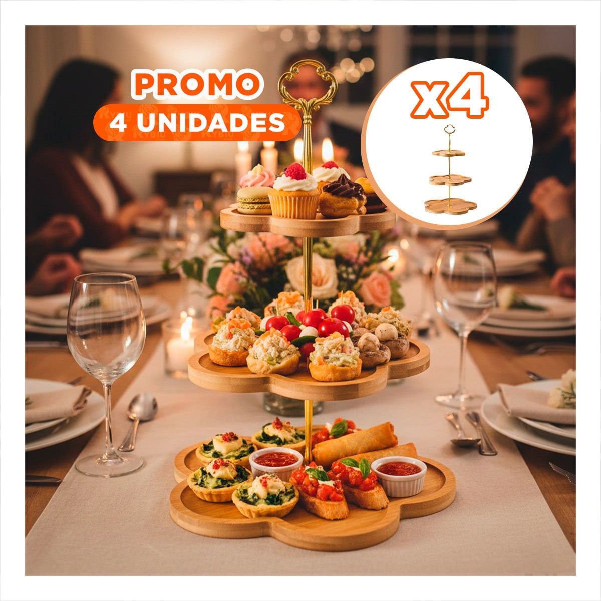 PACK4 BANDEJA EXHIBIDOR 3 NIVELES FLOR MARRON PARA DULCES EN MESA Y EVENTOS Y+REGALO STICKER - 1