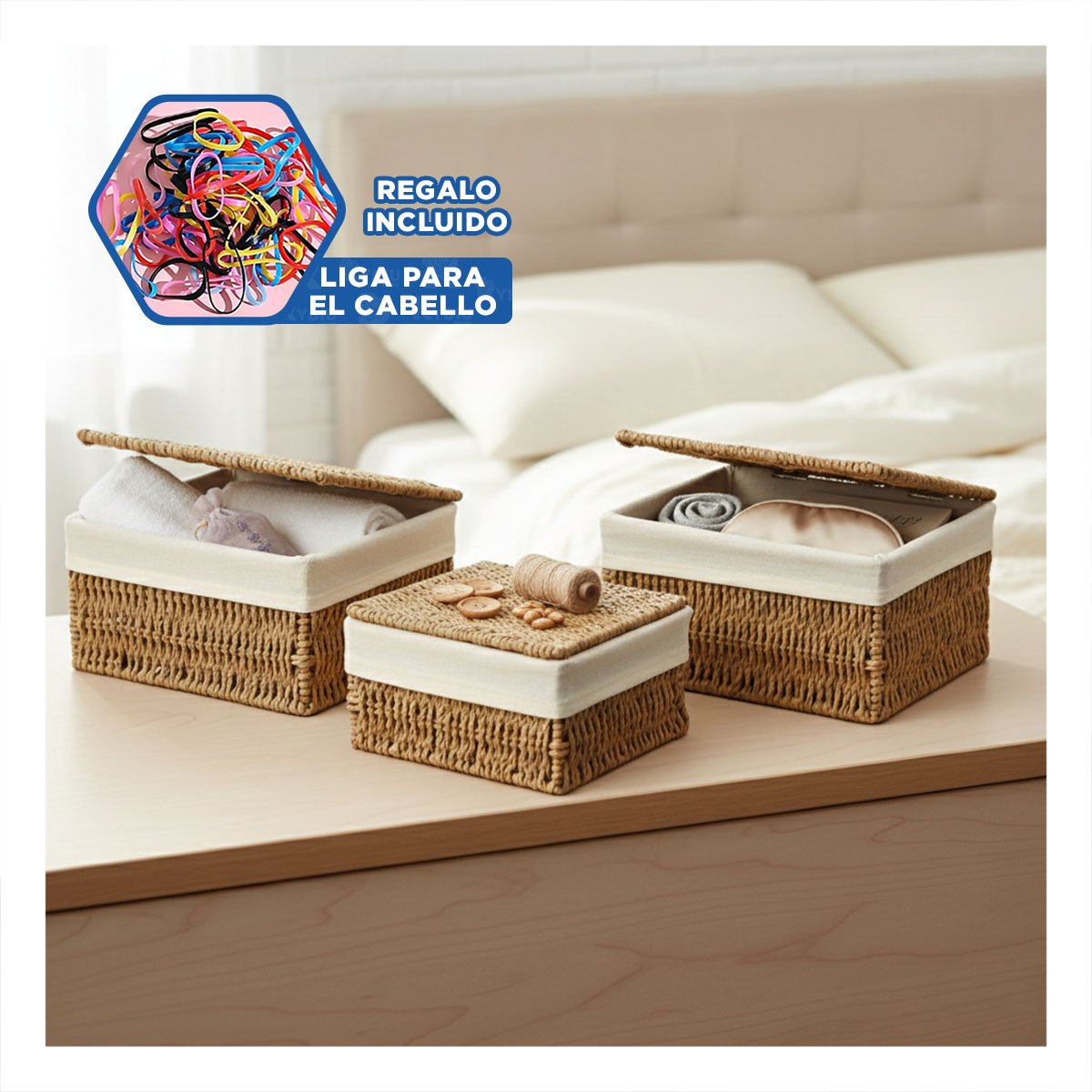 CANASTA DE GUARDADO PRACTICO CON DISEÑO MOSTAZA 38X28 33X23 28X18 Y+LIGAS REGALO - 2