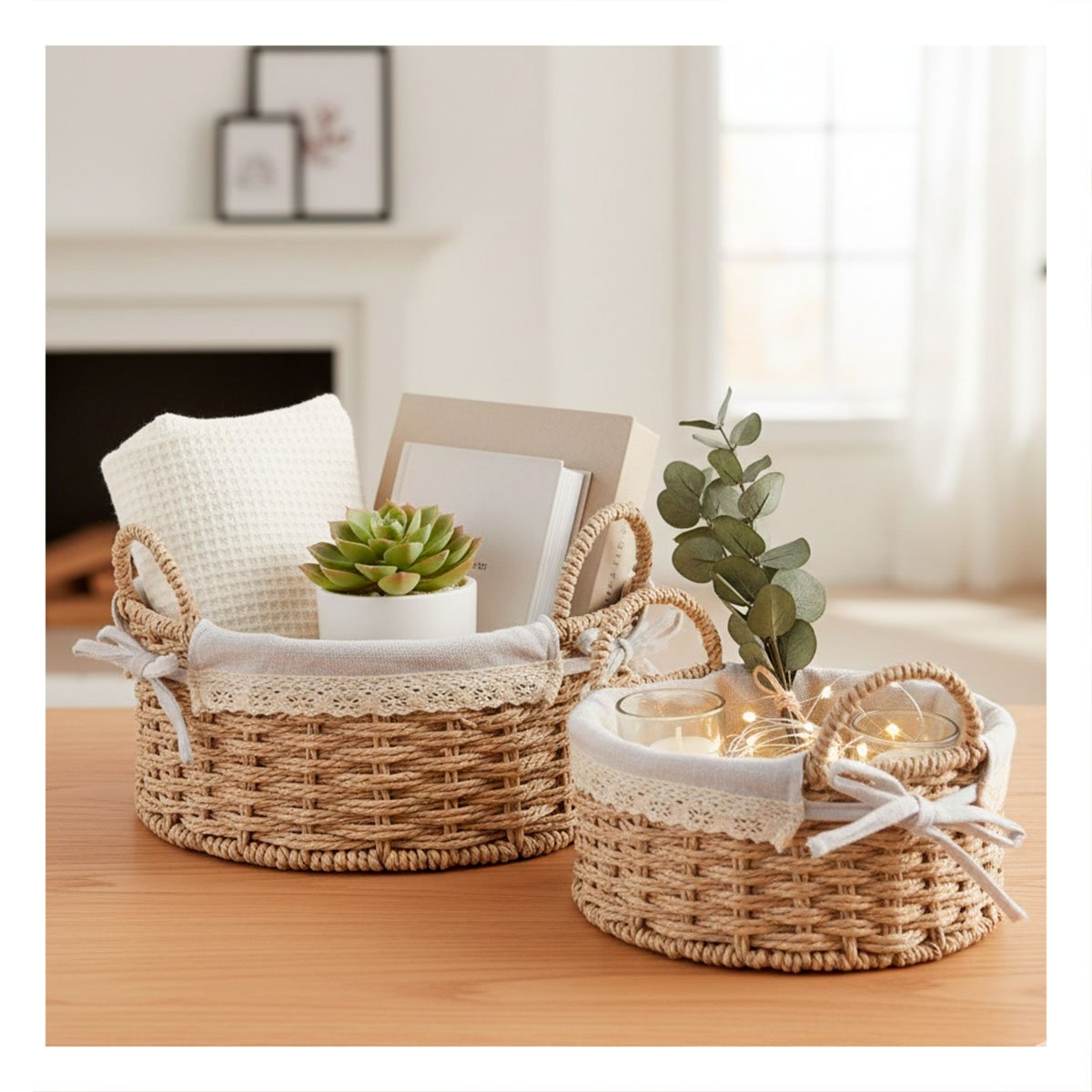 SET 2 CONTENEDOR CIRCULAR TEJIDO CON FORRO BEIGE Y PLOMO DECORATIVO Y FUNCIONAL Y+LIGAS REGALO - 3