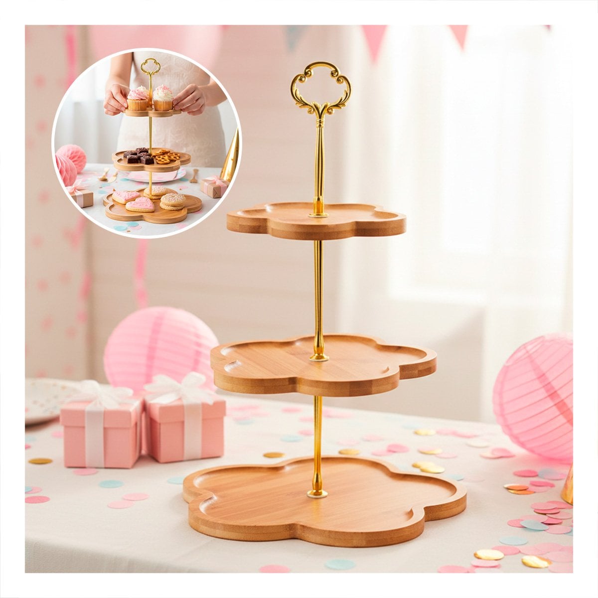 CHAROLA EXHIBIDOR 3 NIVELES FLOR MARRON PARA MESA DE DULCES Y POSTRES Y+PAPEL REGALO - 2