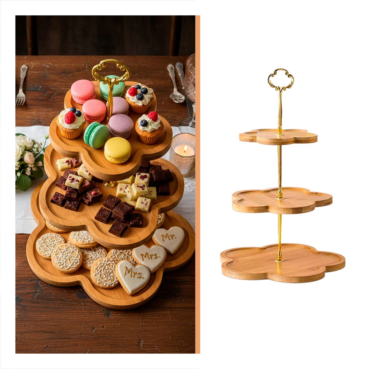 CHAROLA EXHIBIDOR 3 NIVELES FLOR MARRON PARA MESA DE DULCES Y POSTRES Y+PAPEL REGALO - 5