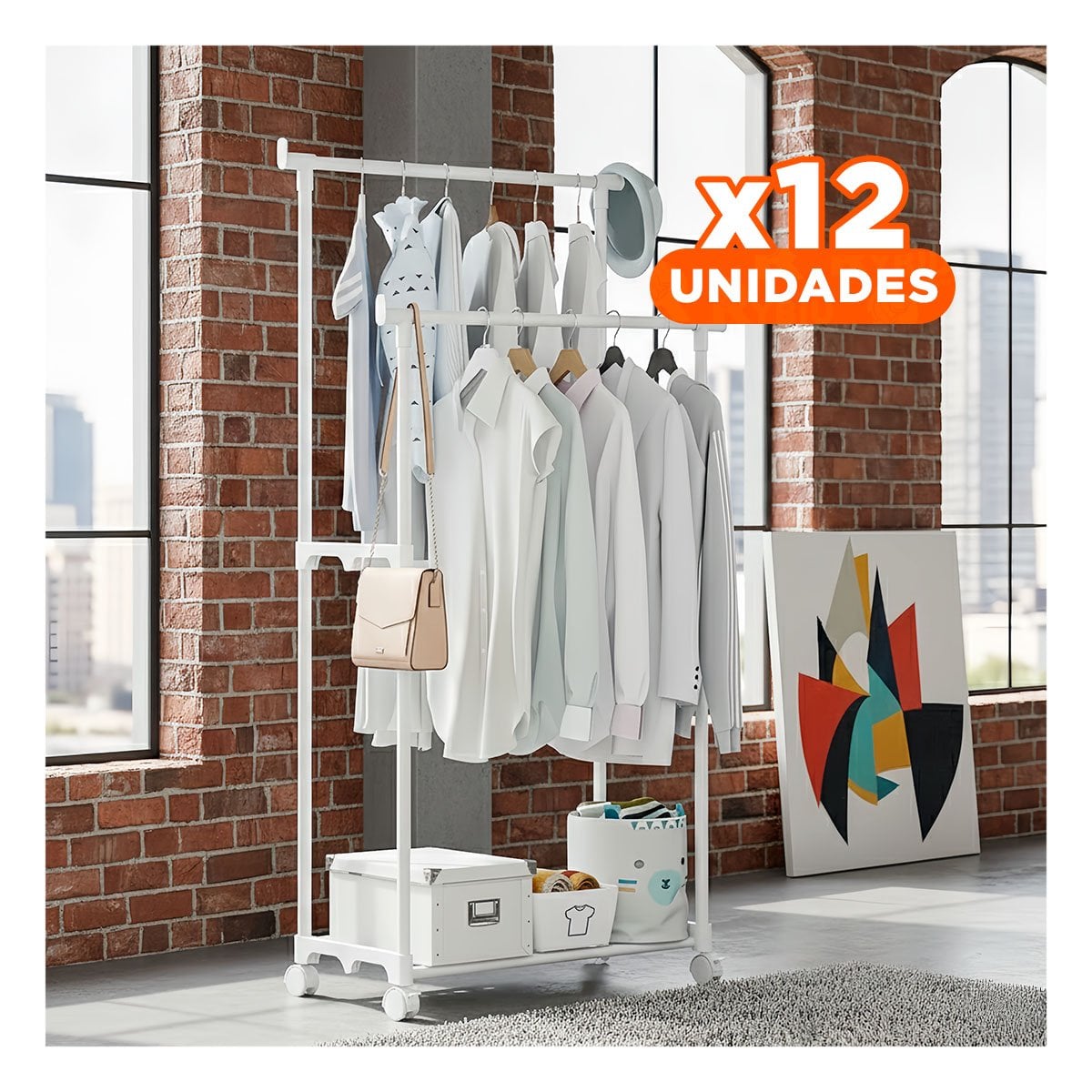 PACK12 SOPORTE DOBLE DE ROPA BLANCO ELEGANTE Y COMPACTO PARA ORGANIZAR PRENDAS Y+PAPEL REGALO - 1