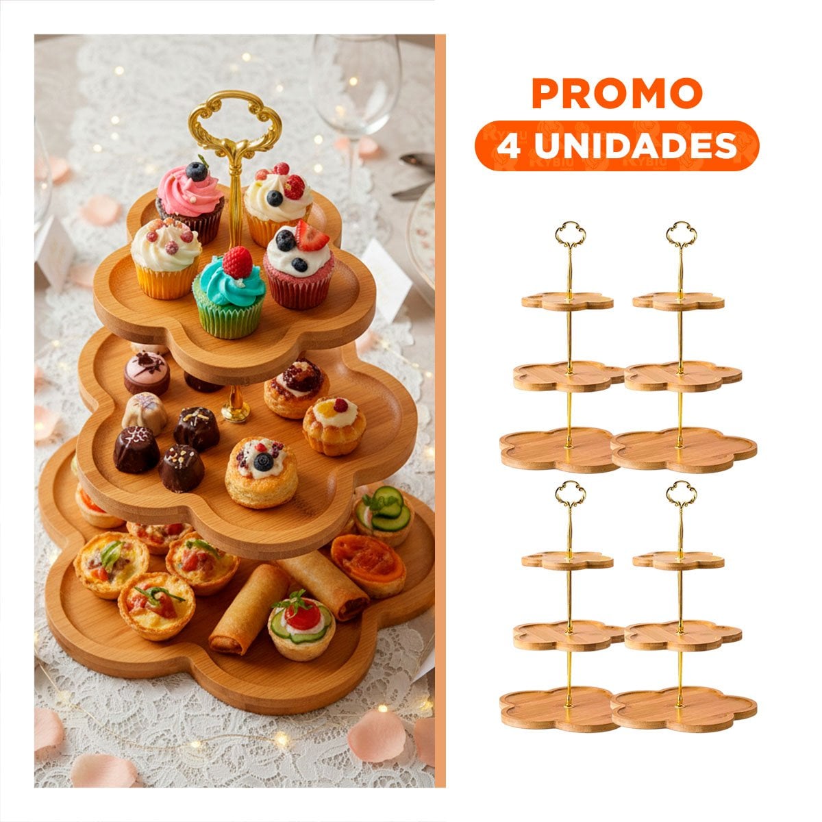 PACK4 BASE 3 NIVELES FLOR MARRON EXHIBIDOR PARA POSTRES EN REUNIONES CASA - 1