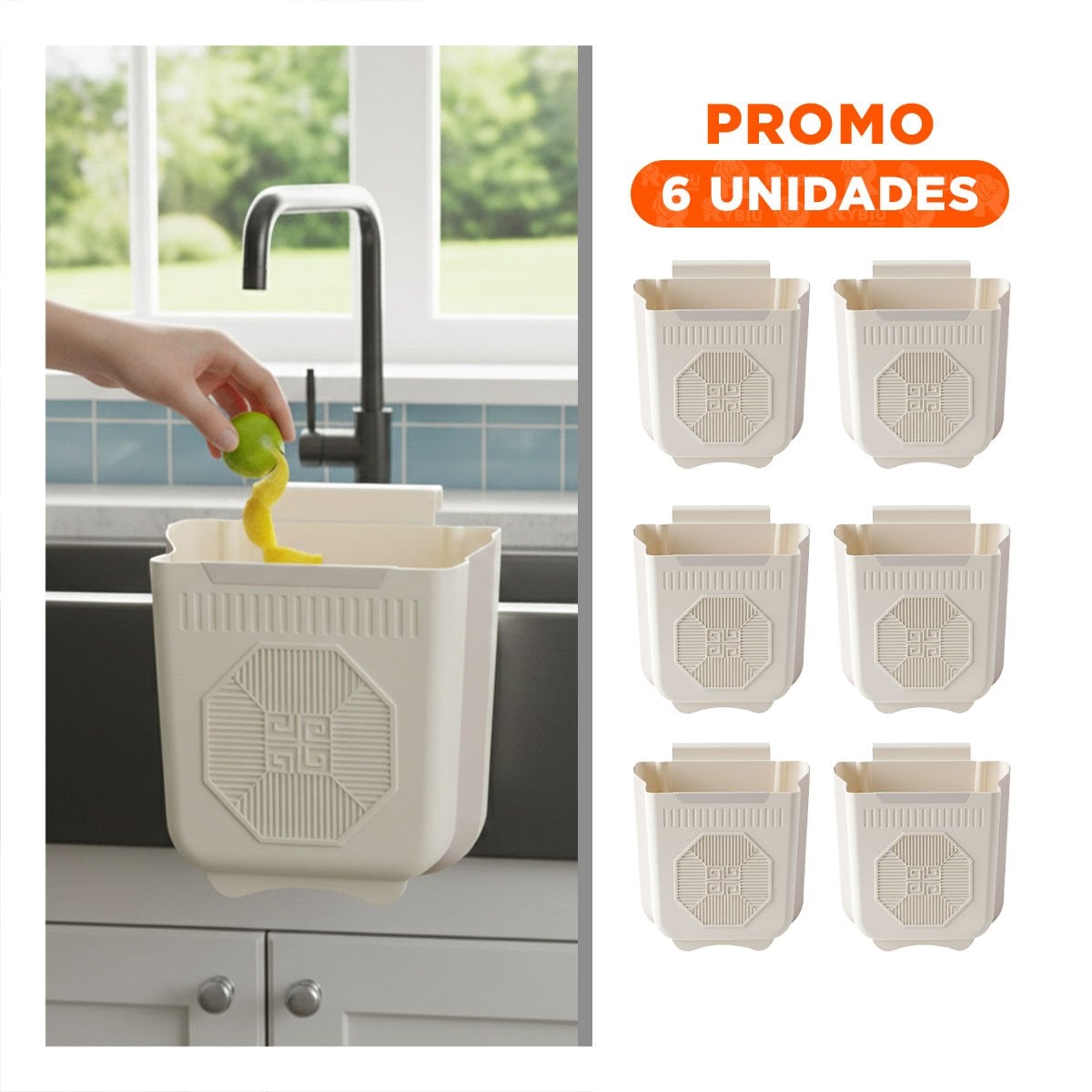 PACK6 CONTENEDOR PLEGABLE PUERTA 26X25,5X15,5CM PLOMO Y CREMA PARA LAVADERO Y+REGALO STICKER - 1