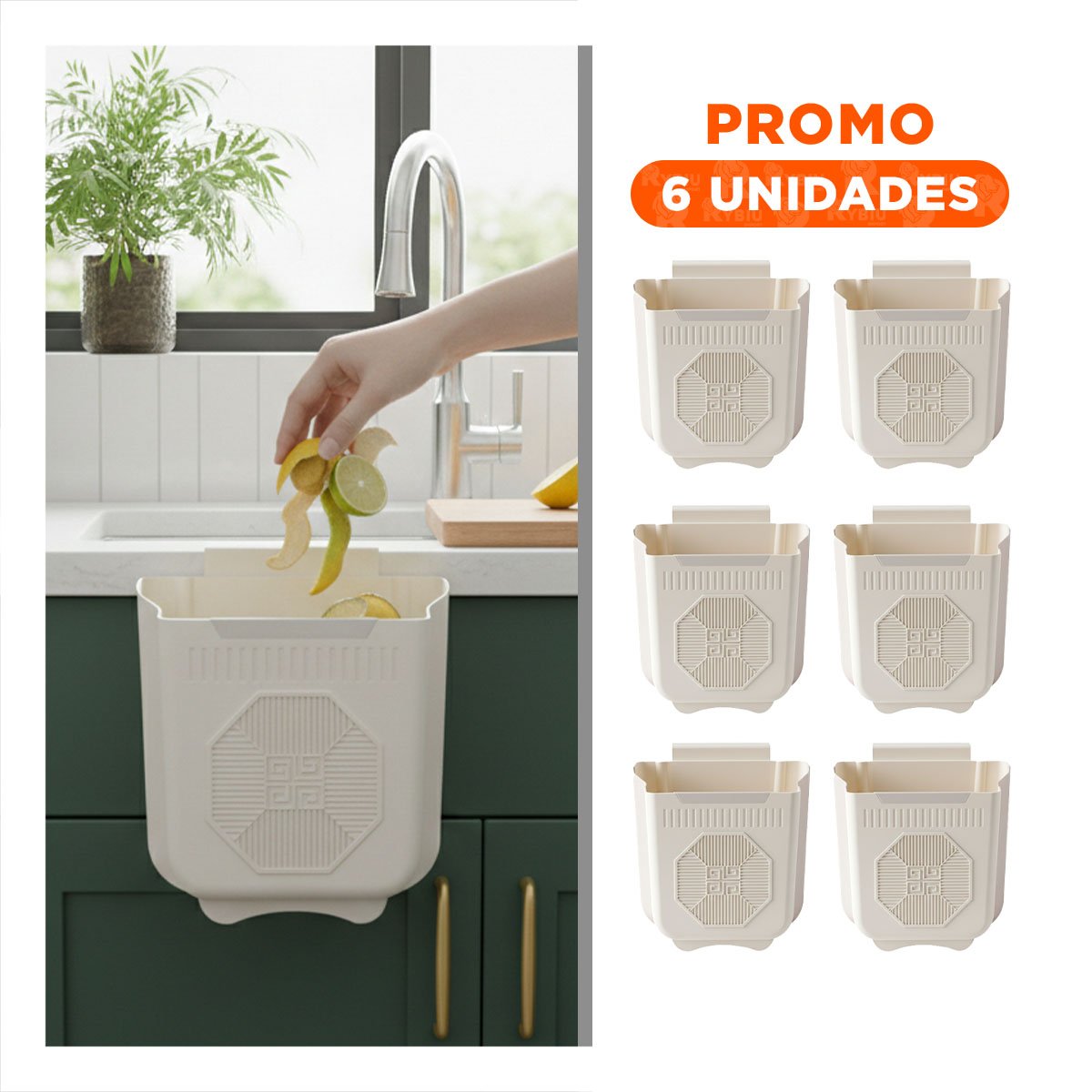 PACK6 CONTENEDOR PLEGABLE PUERTA 22X21X12CM PLOMO Y CREMA PARA LAVADERO Y+REGALO STICKER - 1