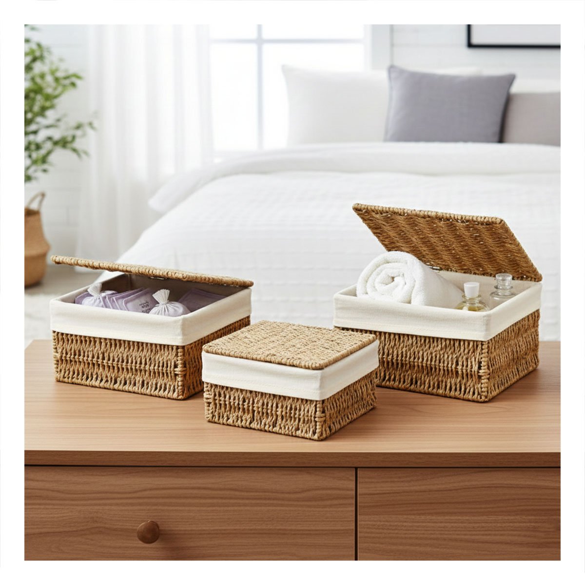 CANASTA DECORATIVA PARA ESTANTES CON TAPA MOSTAZA 38X28 33X23 28X18 Y+REGALO STICKER - 3