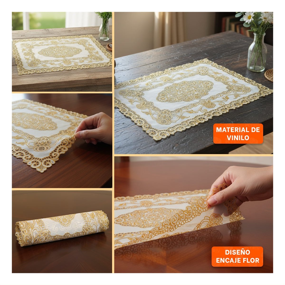 PACK4 PROTECTOR RECTANGULAR DORADO CON ENCAJE FLORAL PARA MESA DE CASA Y+REGALO STICKER - 2