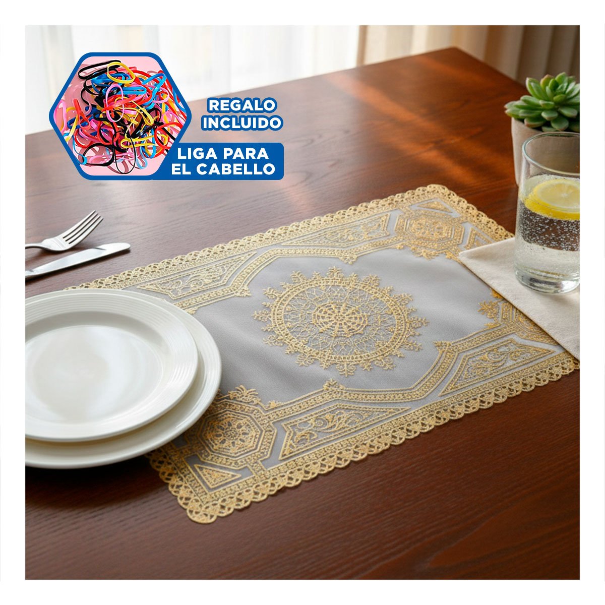 MANTEL MODERNO DORADO CON DETALLE MANDALA PARA MESA DE FIESTA Y+LIGAS REGALO - 2